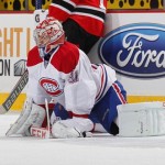 Starting goaltender Carey Price #31 of the Montreal Canadiens stretches during pregame warmups prior to the game against the New Jersey Devils at the Prudential Center on April 23, 2013 in Newark, New Jersey. (Photo by Andy Marlin/NHLI via Getty Images)