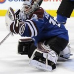 Goaltender J.S. Giguere rips his Colorado Avalanche teamates