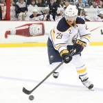 April 2, 2013; Pittsburgh, PA, USA; Buffalo Sabres right wing Jason Pominville (29) carries the puck into the offensive zone against the Pittsburgh Penguins during the first period at the CONSOL Energy Center. Mandatory Credit: Charles LeClaire-USA TODAY Sports