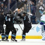 Patrick Marleau #12, Logan Couture #39, Joe Pavelski #8 and Joe Thornton #19 of the San Jose Sharks celebrate after Joe Pavelski #8 scored a first period power play goal against goaltender Cory Schneider #35 of the Vancouver Canucks (Photo by Christian Petersen/Getty Images)