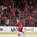 Jimmy Howard was fantastic in Thursday night's Game 4, stopping all 28 shots he faced and blanking the Blackhawks.
Photo by Gregory Shamus/Getty Images
