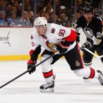 PITTSBURGH, PA - MAY 24: Mika Zibanejad #93 of the Ottawa Senators moves the puck up ice during the first period against the Pittsburgh Penguins in Game Five of the Eastern Conference Semifinals during the 2013 NHL Stanley Cup Playoffs at Consol Energy Center on May 24, 2013 in Pittsburgh, Pennsylvania. (Photo by Gregory Shamus/NHLI via Getty Images)