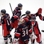 Griffins netminder Petr Mrazek is congratulated by his teammates after his outstanding 40 save shutout win in Game 4 last night.
Photos by Steven Christy/OKC Barons