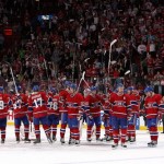 Players of the Montreal Canadiens salutes the crowd at centre ice after a 6-1 loss in Game Five of the Eastern Conference Quarterfinals during the 2013 NHL Stanley Cup Playoffs at the Bell Centre on May 9, 2013 in Montreal, Quebec, Canada. (Photo by Francois Laplante/Freestyle Photo/Getty Images)
