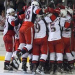 The Griffins celebrate after a Game 7 win that allows them to advance to the Calder Cup Finals for the first time.
Photos by Mark Newman